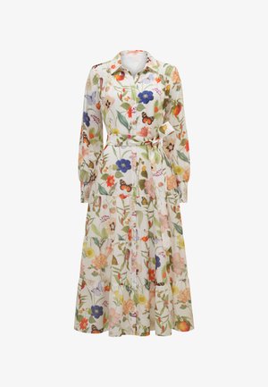 Abito con maniche lunghe, con colletto e cintura in vita, caratterizzato da un motivo floreale e di farfalle multicolore su uno sfondo bianco.