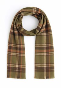 Sciarpa verde oliva con motivo a quadri marrone, beige e arancione, annodata in modo sciolto con estremità sfrangiate su sfondo bianco.