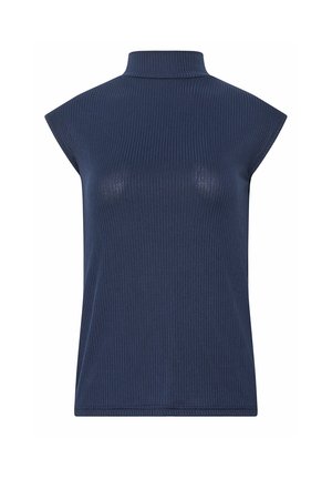 Haut sans manches côtelé bleu marine avec col montant montant, coupe ajustée et couverture des épaules de style casquette.