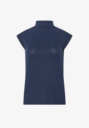 Haut sans manches côtelé bleu marine avec col montant montant, coupe ajustée et couverture des épaules de style casquette.