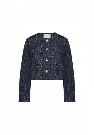 Navy blue cropped cardigan made from textured fabric, featuring long sleeves and five round buttons with a slightly iridescent finish.