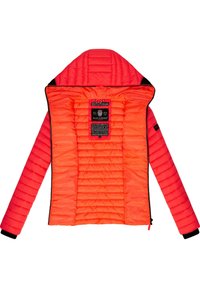 Bright orange puffer jacket with a quilted design, hood, and black zipper. Interior features a label with care instructions.