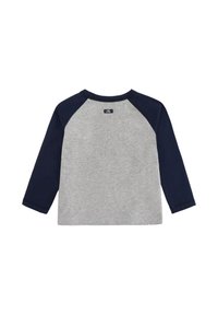 Langarmshirt in Grau mit marineblauen Raglanärmeln. Weicher Stoff, runder Ausschnitt und ein Etikett auf der Rückseite. Einfaches und klassisches Design.