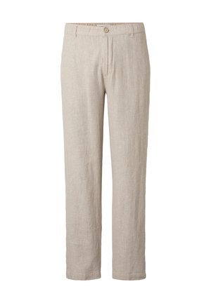 Beige linnen broek met rechte pijpen, voorzien van knoop- en ritssluiting, riemlussen en steekzakken aan de voorkant, afgebeeld tegen een witte achtergrond.