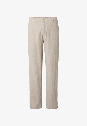 Beige linen straight-leg pants with button and zip closure, belt loops, and front pockets, shown on a white background.