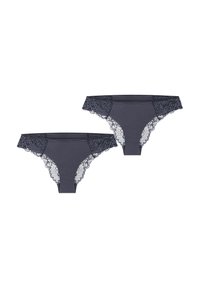 Zestaw bielizny w ciemnym granacie z płaskim przodem i koronkową lamówką po bokach i z tyłu z misternymi kwiatowymi wzorami. Zestaw składa się z dwóch elementów.