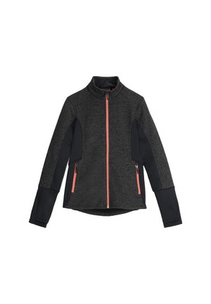 Donkergrijze zip-up jas met hoge kraag, zwarte zijpanelen en een koraalkleurige rits aan de voorkant en zakken, weergegeven op een witte achtergrond.