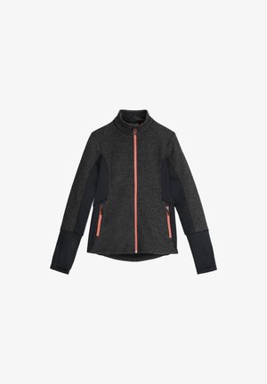 Donkergrijze zip-up jas met hoge kraag, zwarte zijpanelen en een koraalkleurige rits aan de voorkant en zakken, weergegeven op een witte achtergrond.