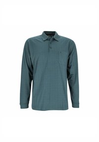 Langärmliges Polohemd in Teal mit strukturiertem Muster, geripptem Kragen, drei Knöpfen und einer linken Brusttasche.