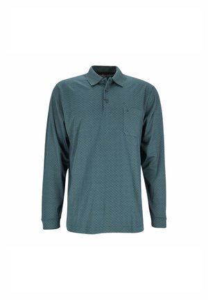 Long-sleeve polo shirt in teal with a textured pattern, ribbed collar, three buttons, and a left chest pocket.