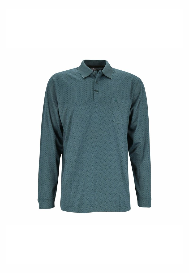 Langärmliges Polohemd in Teal mit strukturiertem Muster, geripptem Kragen, drei Knöpfen und einer linken Brusttasche.