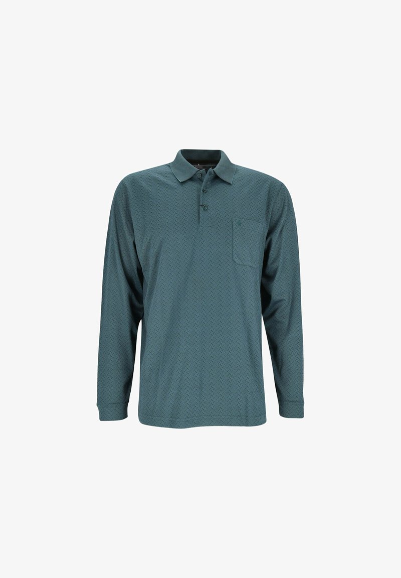 Long-sleeve polo shirt in teal with a textured pattern, ribbed collar, three buttons, and a left chest pocket.