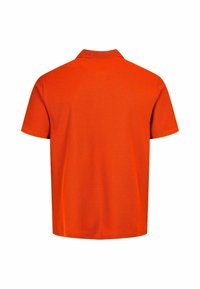Plain bright orange short-sleeve polo shirt shown from the back with a ribbed collar.