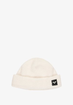 Fleece muts in crèmekleur met een omgeslagen boord. Voorzien van een zwart vierkant patch met een wit hartlogo aan de zijkant. Zacht, textuurrijk materiaal.