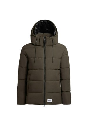 Padded jacket in dark green fabric, featuring a high collar, a zip front, and side pockets. Includes adjustable drawstrings on the hood.
