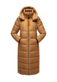 Long, quilted puffer coat in light brown with a high collar, zip closure, and orange accents. Features side pockets and a hood.