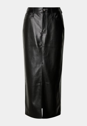 Musta nahkainen midi-hame, jossa on suora leikkaus, etureikä ja klassinen viiden taskun malli, jossa on metalliset yksityiskohdat.