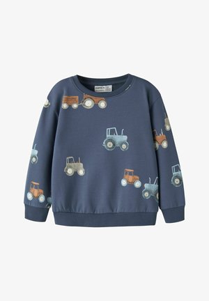 Sweat-shirt bleu marine à manches longues pour enfants, orné d'illustrations de tracteurs en bleu, marron et beige dispersées sur le tissu.