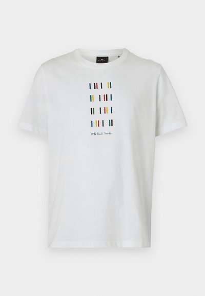 White cotton T-shirt featuring multicolored vertical stripes and text "PS Paul Smith" printed in black, crew neckline, short sleeves.