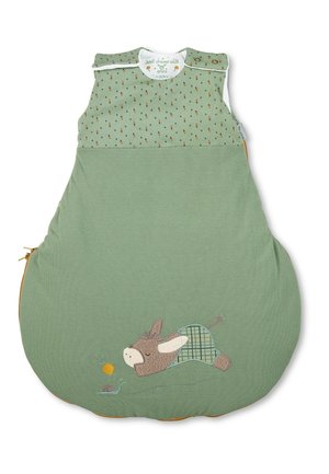 Green sleeping bag with textured fabric, featuring a whimsical donkey embroidery and patterned top. Side zipper for easy access.