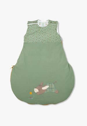 Grüner Schlafsack aus strukturiertem Stoff, mit einer fantasievollen Donkey-Stickerei und gemustertem Oberteil. Seitenreißverschluss für einfachen Zugang.