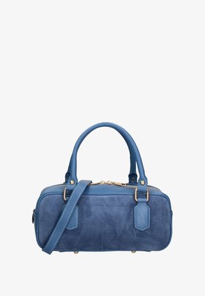 Kleine blauwe suède handtas met dubbele ronde handgrepen, een afneembare schouderriem, een goudkleurige rits en textuurelementen. Compact rechthoekig formaat.