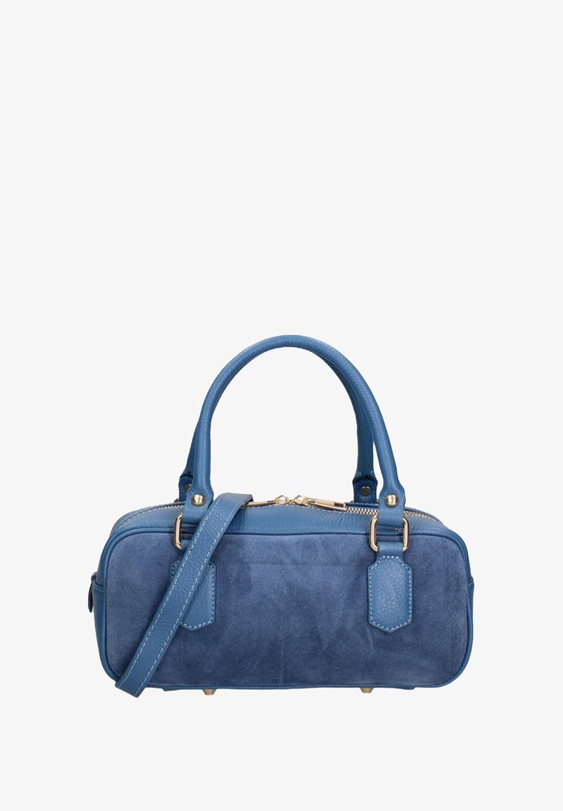 Piccola borsa a tracolla in suede blu con doppi manici rotondi, tracolla staccabile, zip in tono oro e dettagli testurizzati. Forma rettangolare compatta.