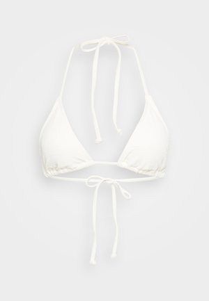 Valge kolmnurkne bikiinitope tekstureeritud mustriga, millel on õhukesed sidemed kaela ja rinnaaluse reguleerimise jaoks. Pehme materjal, minimalistlik disain.