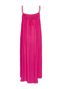 Robe maxi fuchsia avec bretelles spaghetti réglables, encolure froncée et coupe décontractée. Fabriquée en tissu léger et fluide.