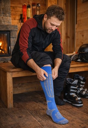 Mann sitzt auf einer Holzbank in einer Skihütte und zieht blaue Skisocken an. Neben ihm stehen schwarze Skistiefel und ein Helm, im Hintergrund sind Skier zu sehen.