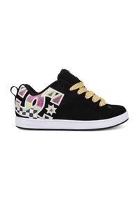 Black sneaker with multicolor patterned logo on heel, yellow and pink checkered laces, and white sole.