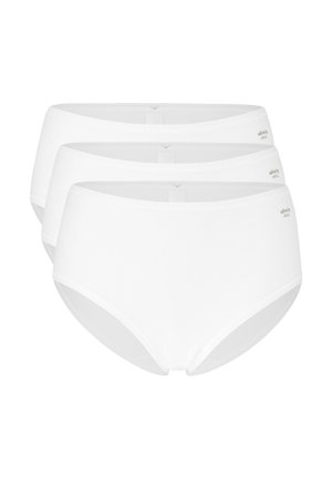 Three white high-waisted women's briefs stacked, each with subtle logo text on the upper left side.