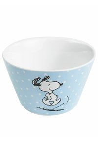 Ciotola in ceramica con un esterno blu chiaro ricoperto di pois bianchi; presenta un'illustrazione di un cane dei cartoni animati su un lato; interno bianco.