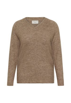 Maglione marrone a scollo a V realizzato in materiale morbido a maglia, con maniche lunghe e vestibilità rilassata. Superficie testurizzata con leggera variazione di colore.