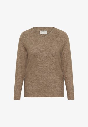 Pruun V-kaelusega sviiter, mis on valmistatud pehmest kudumisest, omab pikki varrukaid ja lõdva lõikega disaini. Tekstuuriga pind, kus on peened värvitoonide variatsioonid.