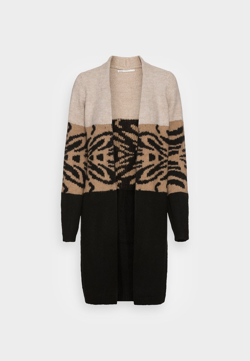 Long cardigan en tricot ouvert sur le devant, beige, marron et noir avec des motifs noirs abstraits sur la partie centrale et des manches longues.
