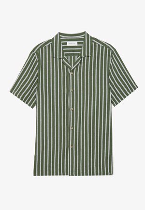Short-sleeve shirt with green and white vertical stripes, collared design, five buttons down the front, made of woven fabric.