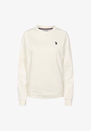 Sweat-shirt blanc à manches longues avec col rond, poignets et ourlet côtelés, arborant un petit logo noir de joueur de polo sur le côté gauche de la poitrine.