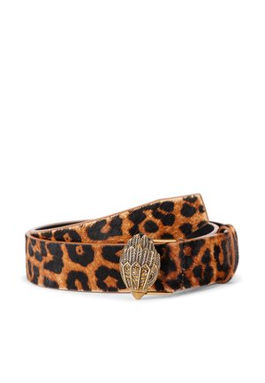 Ceinture en imprimé léopard avec une finition en fourrure douce et texturée, ornée d'une boucle dorée ornée de motifs de feuilles et de cristaux incrustés.