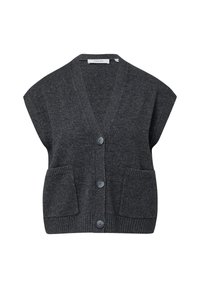 Dunkelgraue ärmellose Strickweste mit V-Ausschnitt, drei Vorderknöpfen und zwei quadratischen Taschen auf Hüfthöhe.