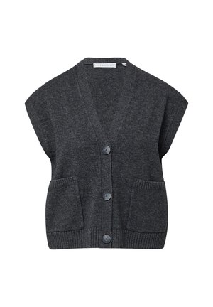 Gilet in maglia senza maniche grigio scuro con scollo a V, tre bottoni frontali e due tasche quadrate in vita.
