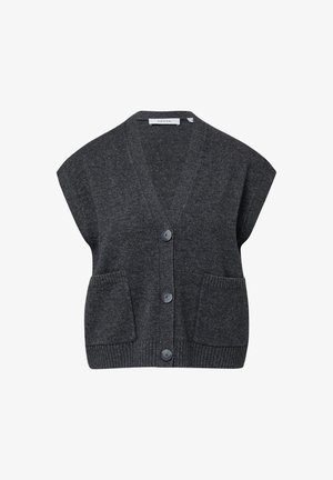 Donkergrijze mouwloze gebreide vest met V-hals, drie knopen aan de voorkant en twee vierkante zakken op de taille.