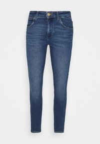 Jeans ajustados en denim azul oscuro, con un diseño clásico de cinco bolsillos, cierre de botón y detalles de costura minimalistas.