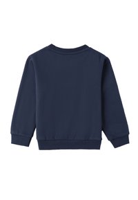 Felpa blu navy con scollatura rotonda, polsini e vita a costine. Tessuto morbido, design casual e maniche lunghe. Vista posteriore.