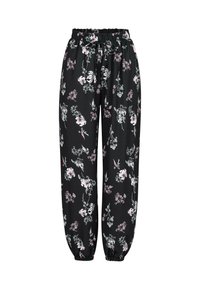 Pantalons noirs à cordon de serrage avec imprimé floral rose et blanc, et poignets élastiques aux chevilles et à la taille.