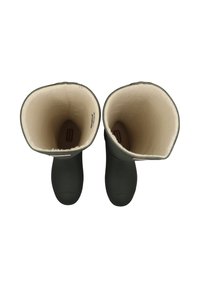 Stel donkergroene regenlaarzen met beige fleece voering gezien van bovenaf op een witte achtergrond.