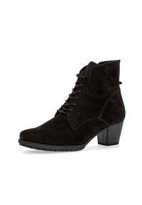 Bottines noires en suède avec un bout arrondi, un laçage à l'avant et un talon empilé. Elles présentent un matériau texturé et une semelle en caoutchouc durable.