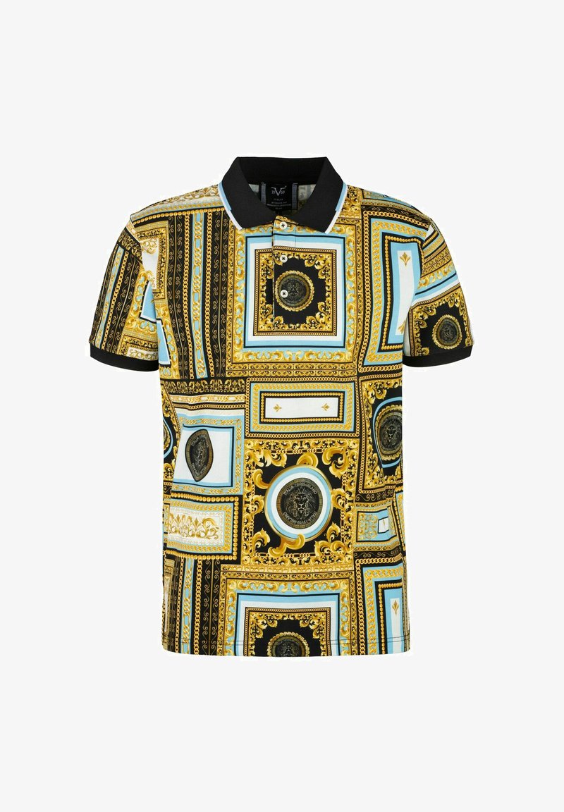 Kurze Ärmel Polohemd mit einem auffälligen Muster in Schwarz, Gold und Hellblau mit barocken Motiven und einem schwarzen Kragen. Texturierter Stoff.