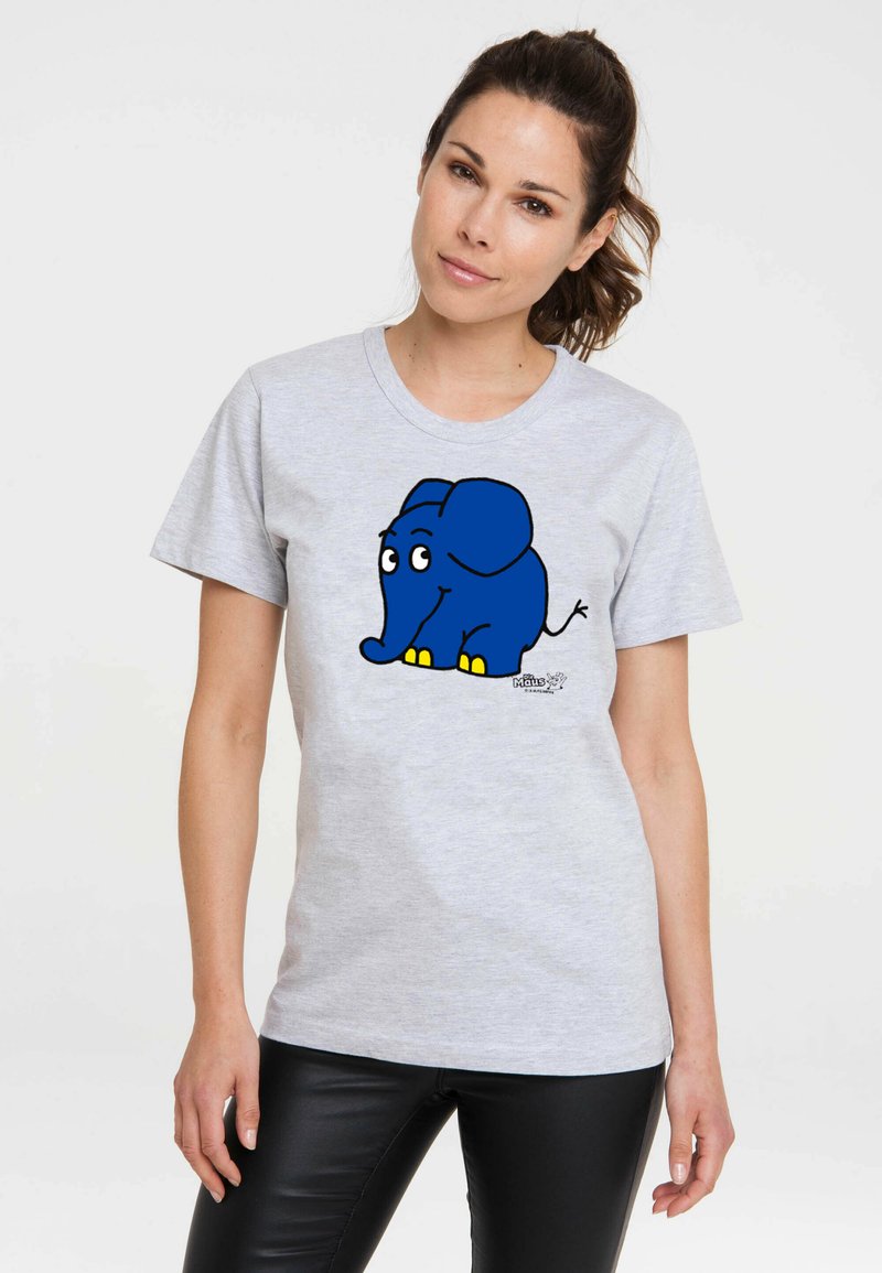 Light gray T-shirt featuring a cartoon blue elephant design with yellow feet, short sleeves, and a classic crew neckline.
