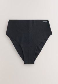 Slip de bikini negru, talie înaltă, realizat dintr-un material neted, cu un design fără cusături și un logo subtil „NEXT” în colțul din dreapta sus.